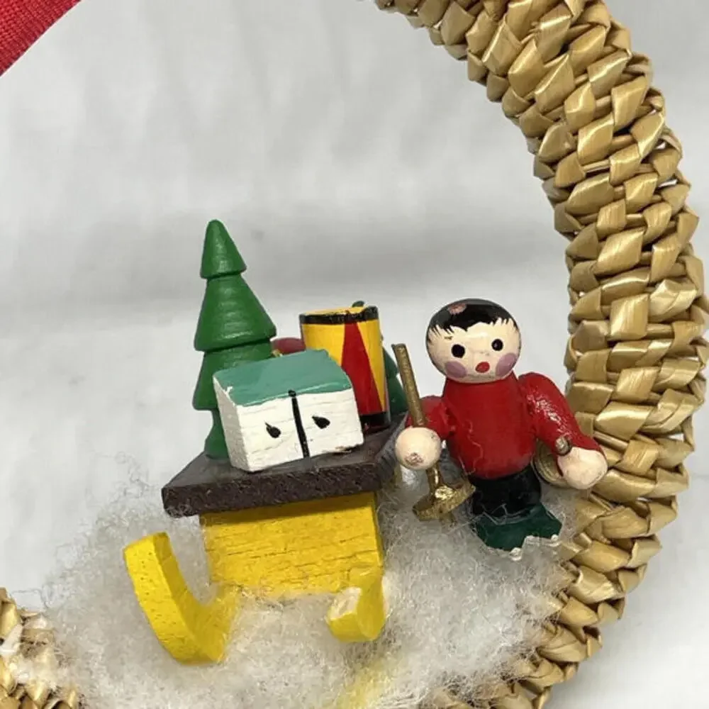 Wooden‎ Skier and Sled in Wicker Wreath Christmas Ornament Vintage
